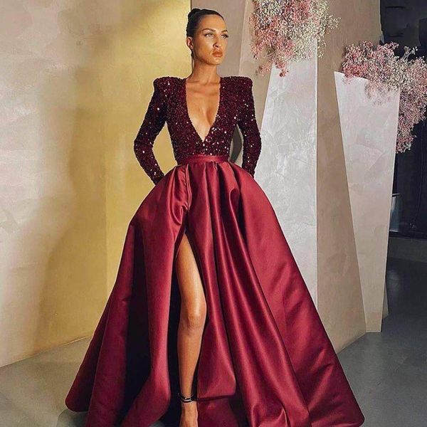 

burgundy prom dress sparkly sequined long evening dresses v-neck a-line split full sleeve party gowns vestido de festarobes de soiree, Black;red