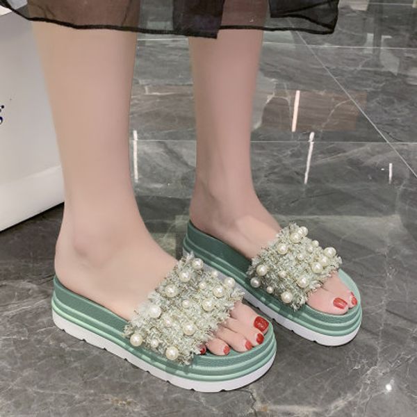 

sponge slippers female outer wear thick bottom 2020 summer new fashion with pearl increase summer fairy sandals, Black