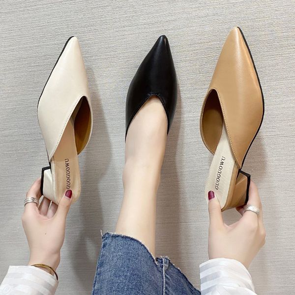 

loafers pointed toe mules for women 2020 ladies' slippers square heel female shoes luxury slides shallow med cover block new, Black