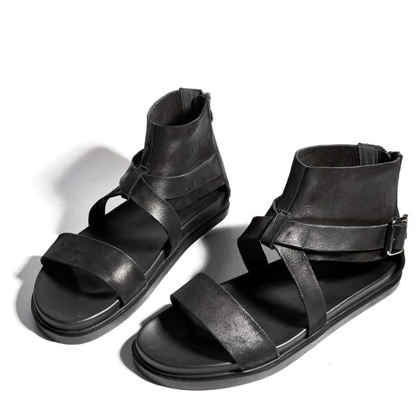 

sandals men british style gladiator genuine leather platform luxury summer beach casual shoes sandalias hombre plus size, Black