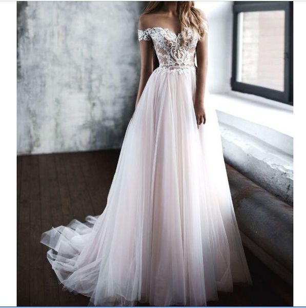 

2020 off shoulder wedding dresses a line sweetheart lace appliqued tulle bridal wedding gowns vestidos de noiva, White