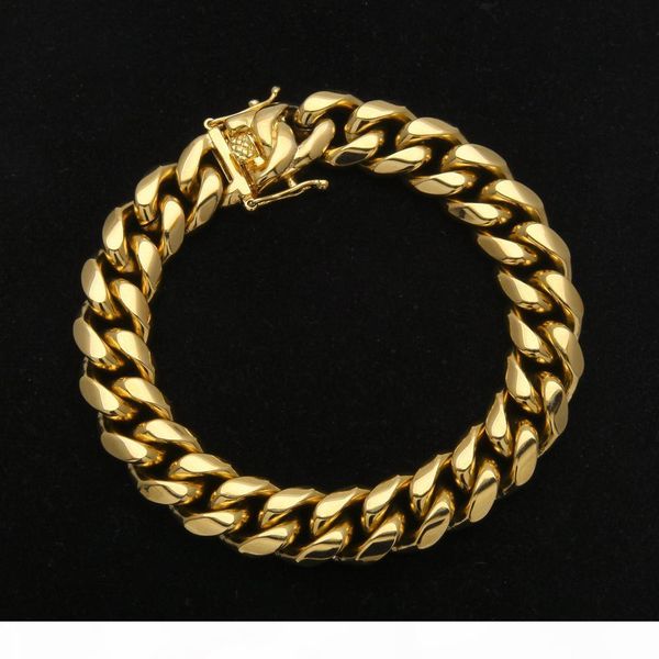 

men stainless steel cuban chain bracelet fashion hip hop pvd plated buckle bangles gold color rapper jewelry 9inch long 8,10,12,14mm width, Golden;silver