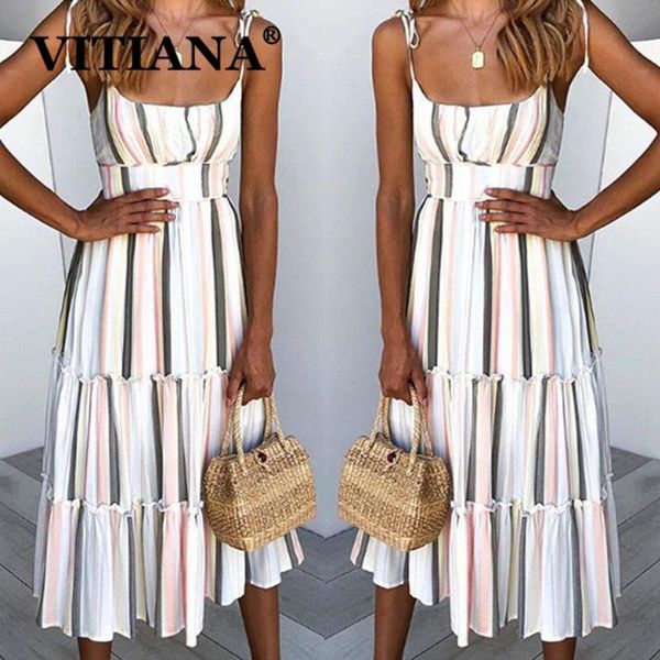 

vitiana women striped beach midi dress womens summer 2020 female sleeveless backless party dresses femme casual vestidos, Black;gray