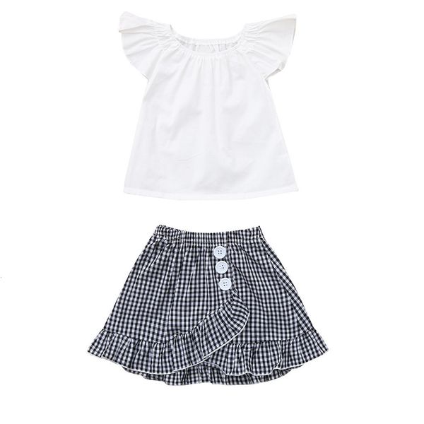 

clearance cut baby girls 3pcs summer toddler baby girls fly sleeve solid +plaid print skirt outfits set z0211, White