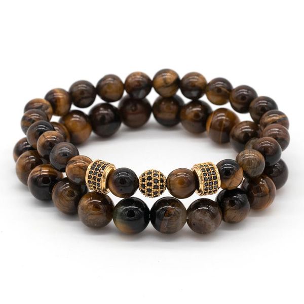 

men's 2pcs/sets couple bracelet 8/10mm tiger eye stone beads cz ball & tube charm bracelet sets women jewelry pulseira masculina, Golden;silver