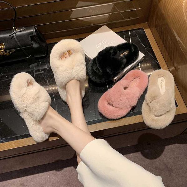 

female shoes fringe plush slippers for adults loafers slides fashion flock 2020 fur massage soft flat luxury with fur autumn, Black