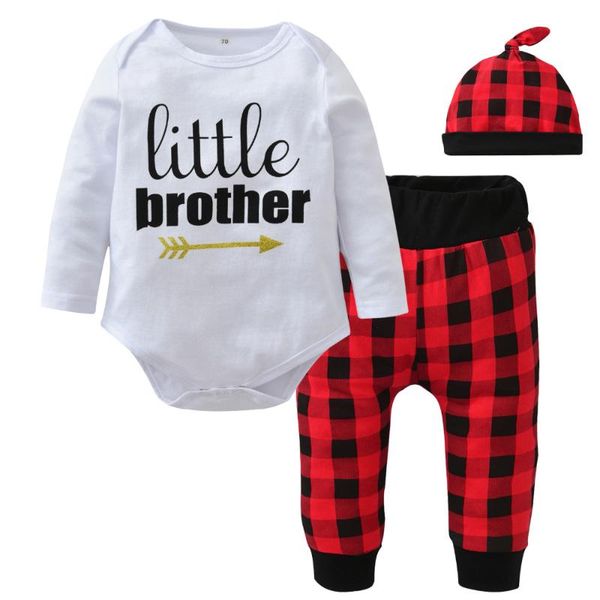 

new 2020 autumn baby boys clothing set long sleeve letter little brother romper+red lattice pants+hat newborn toddler clothes, White