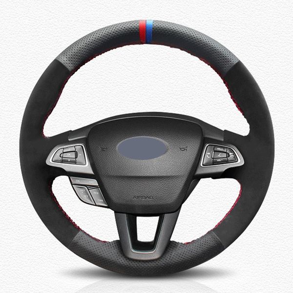 DIY Siyah Hakiki Deri Araç Direksiyon Kapak Ford Focus 3 2015-2018 Kuga 2016-2019 Kaçış C-MAX ECOSPORT 2018-2019 için