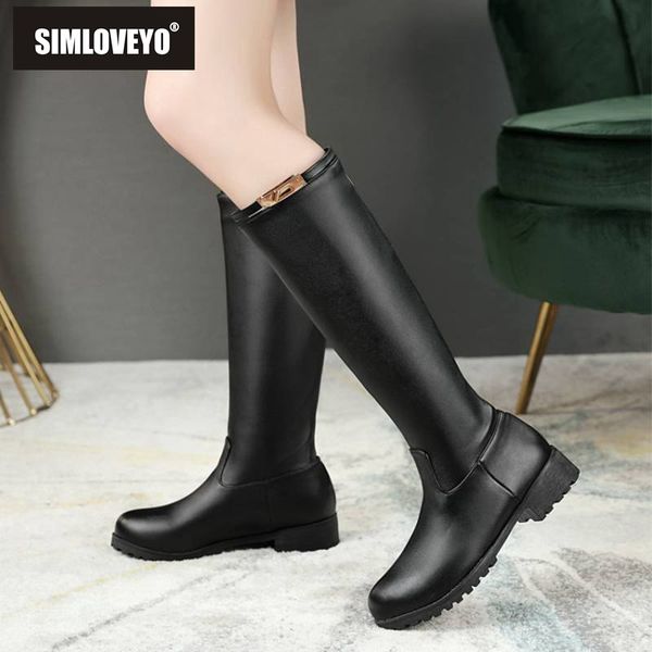 

simloveyo knee high boots for women round toe low heels pu leather back zipper metal ridding boots western winter botas feminino, Black