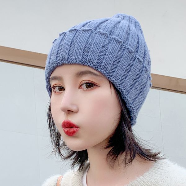 

2020 new style for autumn and winter woolen cap female korean solid color knitted female outdoor windproof warmth sleeve cap lapel, Blue;gray
