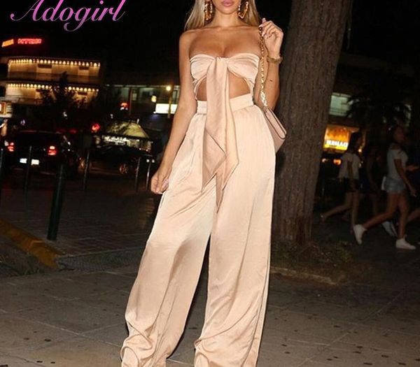 

women two piece set silk bow slash neck crop outfits and wide long pants bodycon night club tracksuit for women, Gray