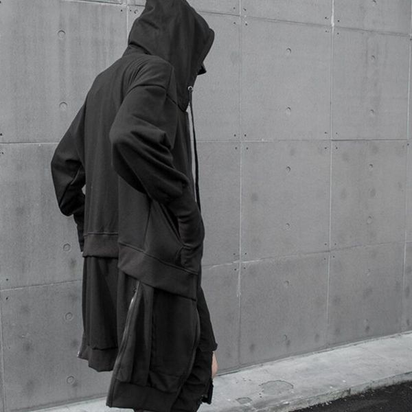 

men autumn winter black multi zippers patchwork long jackets hooded cloak man street punk hip hop coat cardiagn, Black;brown