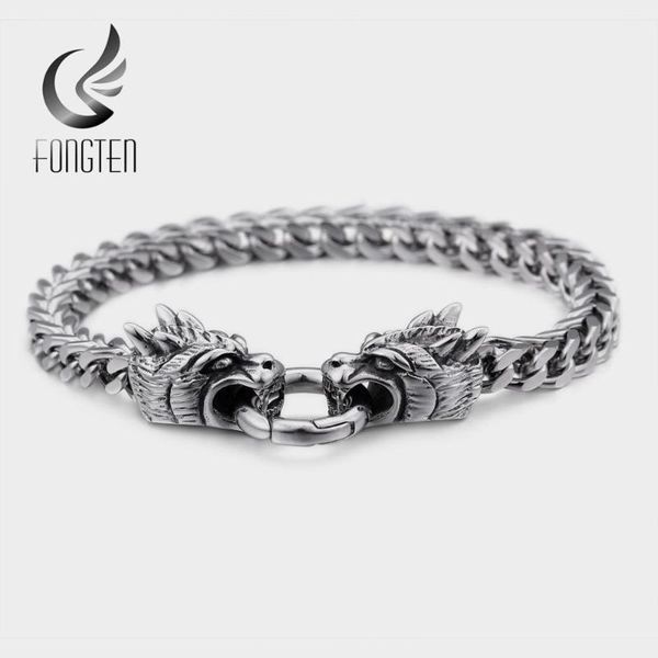 

fongten dragon bracelet men stainless steel long link chain vintage bracelets male fashion jewelry, Black