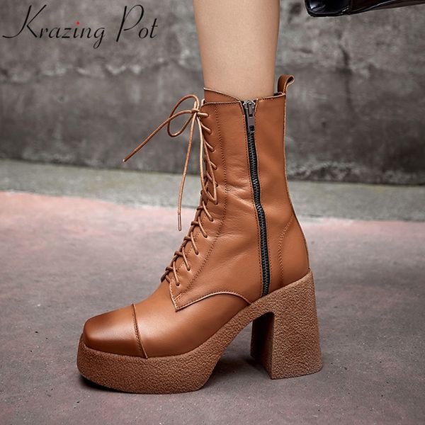 

boots krazing pot 2021 genuine leather vintage platform square toe motorcycle keep warm shoes dress brand mid-calf l8f5, Black