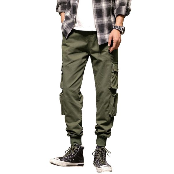 

2020 spring new multi-pockets cargo pants men streetwear loose joggers ankle-length baggy pants big size 6xl 7xl 8xl, Black