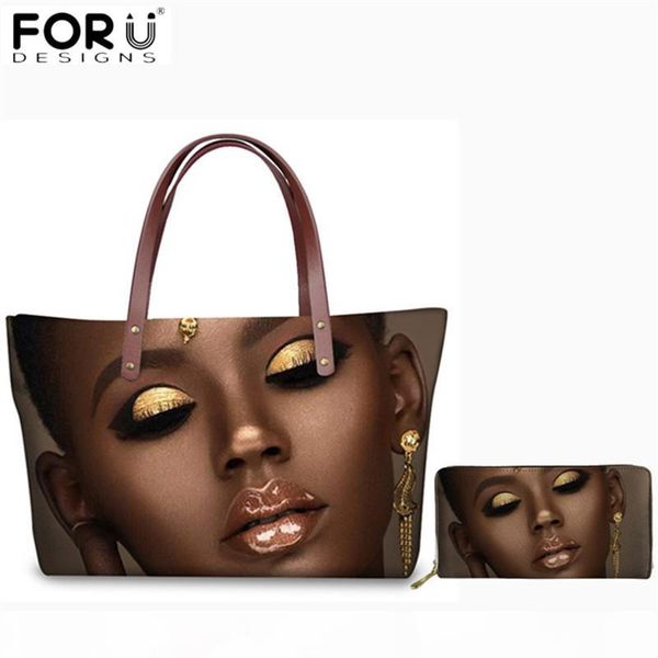 

forudesigns 2pcs set black queen african handbag women shoulder bag ladies travel purse with pu wallet sac main femme