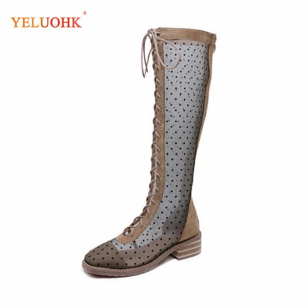

mesh women boots autumn lace up knee high boots thick heel ladies shoes 35-40 plus size dotted sweet, Black