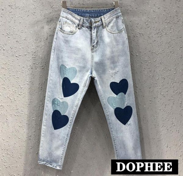 

2020 spring summer new jeans women love printed loose jeans fashion washed straight high waist for girl, Blue