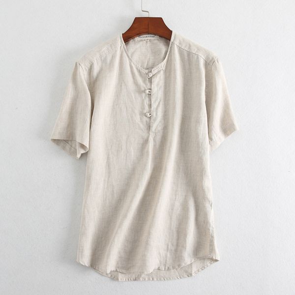 

2020 linen short-sleeved disc button chinese style short-sleeved men's shirts casual retro loose large size linen shirt, White;black