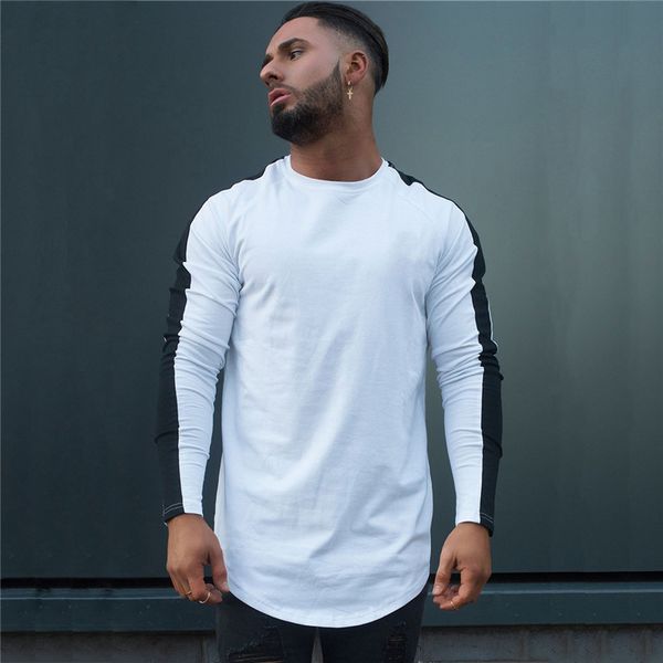 

empty board pure cotton men's long slim long sleeve t-shirt round neck color contrast sports fitness hip hop fashion autumn, White;black