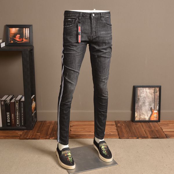 

men's jeans summer men black fashion side stripe slim fit stretch denim pants, Blue