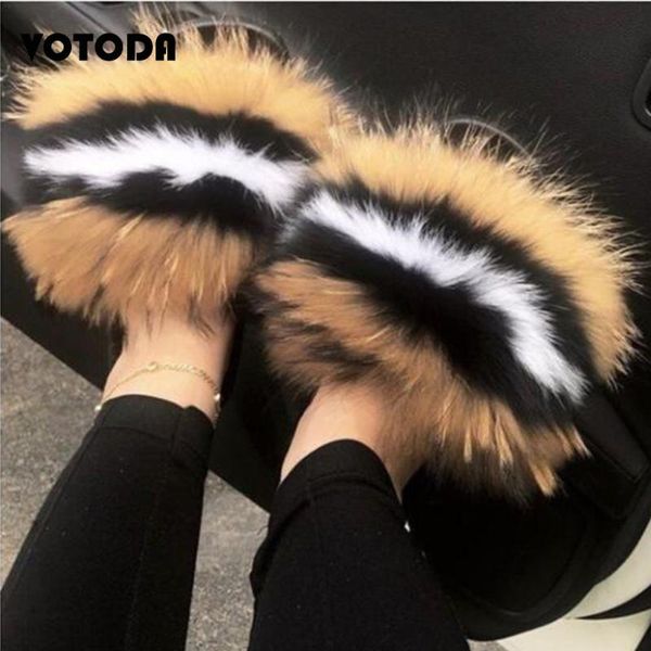 

new women slippers real fur slides female beach flip flops casual fur sandal woman furry shoes plush home sandals, Black