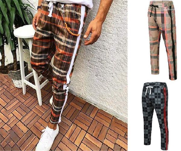 

mid waist trousers fashion plus size mens clothes mens designer pencil pants slim plaid printed contrast color, Black