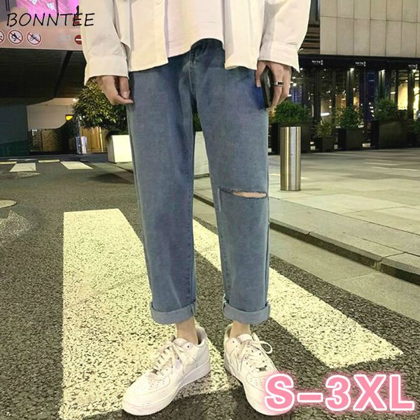 

men jeans hole ripped trousers straight loose ankle-length summer thin wide-leg mens leisure all-match fashion korean-style chic, Blue
