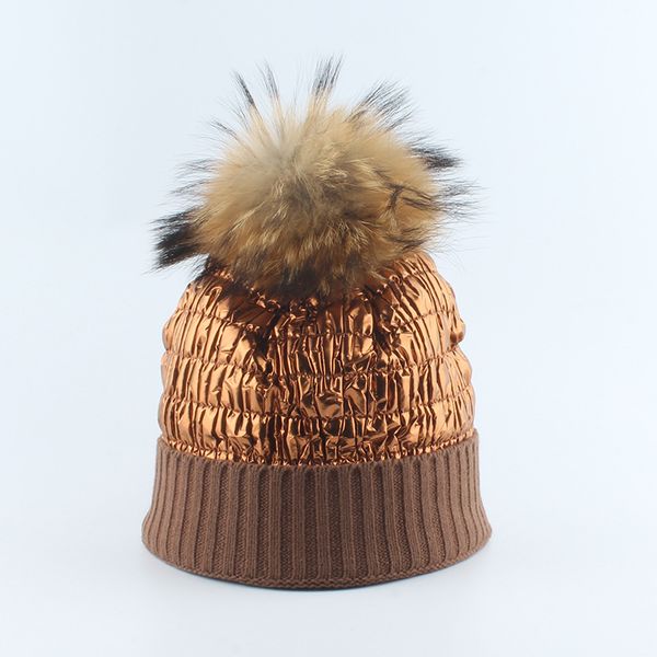 

pompon hat women winter knit beanie real raccoon warm brim skiing warm outdoor accessory headwear luxury, Blue;gray