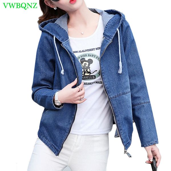 

new women denim jacket 2020 spring autumn korean loose casual basic coat womens zipper hooded navy blue jeans jackets coats a489, Black;brown