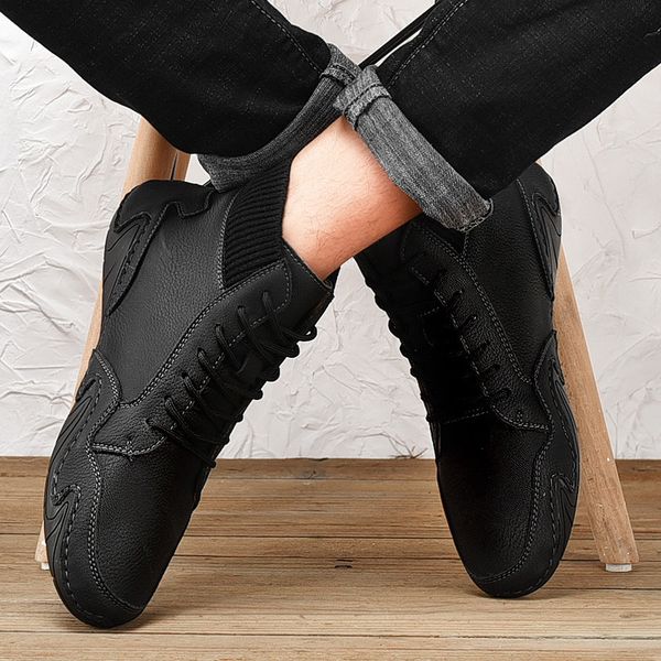 

mens casual shoes leather boots fashion shoes men business office classic cowboy style casual male lace-up sneakers, Black