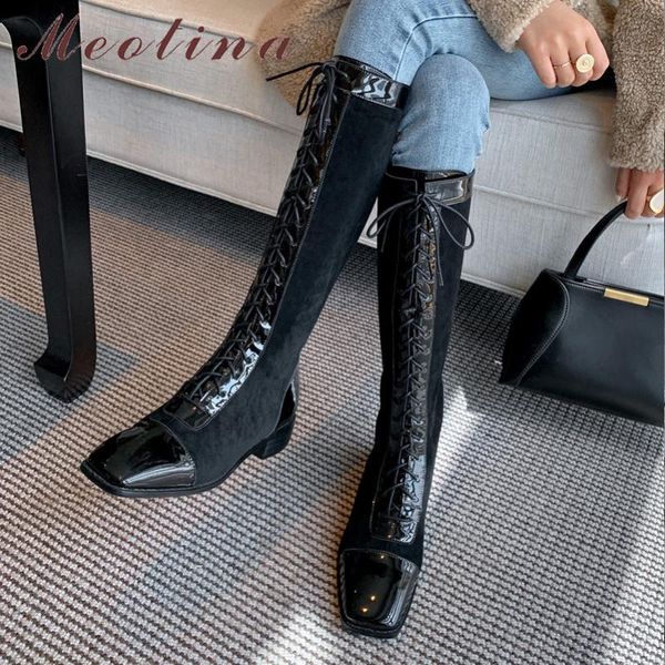 

meotina real leather mid heel motorcycle boots knee-high boots women shoes square toe thick heels zip lace up long lady, Black