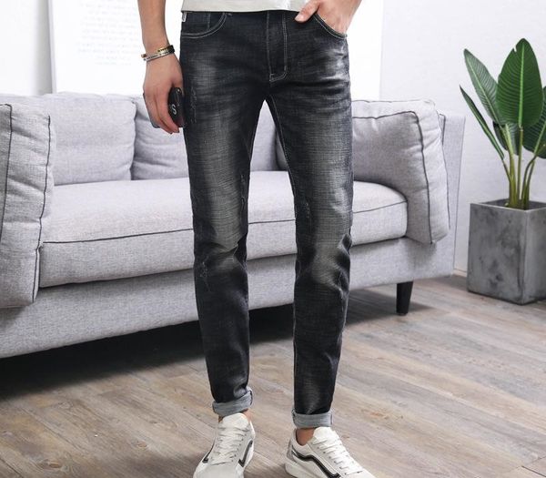 

fashion casual mid jeans pants men slim straight full length denim trousers mid weight solid jeans home plus size, Blue