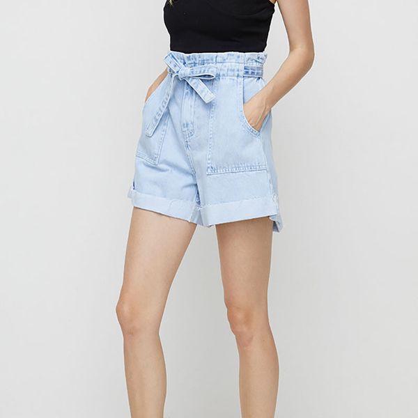 

women loose denim shorts wide leg 100% pure cotton short jeans women sashes cuffs high elastic waist denim shorts, Blue