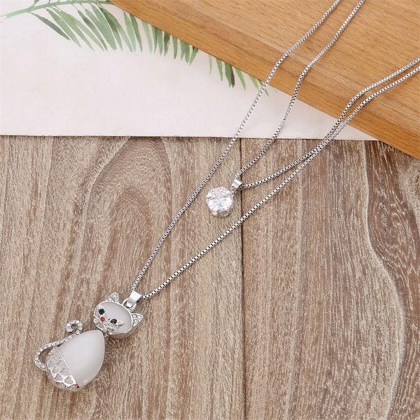 

minhin cute cat pendant necklaces gold silver color chain long necklace for women opal stone necklace collars jewelry