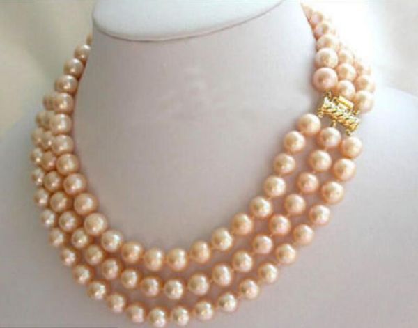 

chains charming 3rows 8-9mm round pink pearls necklace 17"-19", Silver