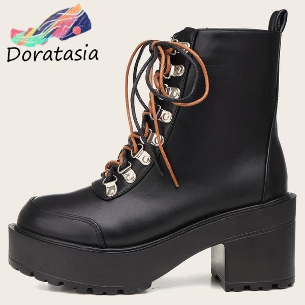 

doratasia women metal fashion shoes 2020 zipper autumn boots women platform lace up chunky heel zipper ankle boots, Black