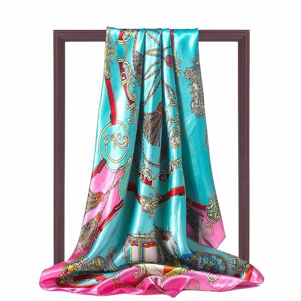 

2020 luxury women silk scarf brand print square hijab neck scarves head band foulard female bandana satin kerchief, Blue;gray