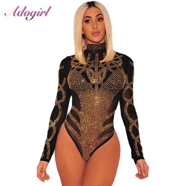 Seksi Altın Elmas Sheer Mesh Bodysuit Kadınlar Uzun Kollu Balıkçı Yaka Sonbahar Dış Giyim Vücut Tops Tee Parti Kulübü Tulum Tulum T200812