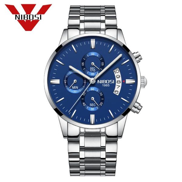 

nibosi luxury watch men wristwatch sport waterproof clock fashion relogio masculino silver blue quartz watch wristwatches saat, Slivery;brown