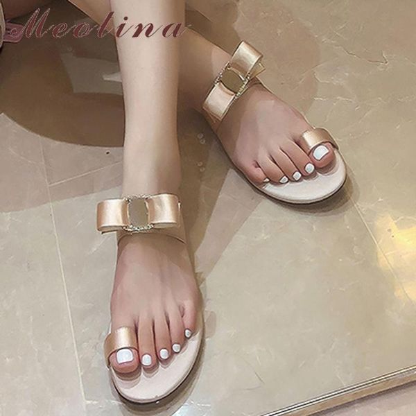 

meotina bow women shoes crystal flat slippers round toe flip flops flat ladies slides summer fashion sandals female black pink
