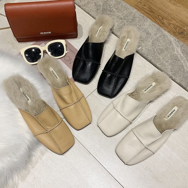 

zoki plush warm fur women flat shoes slides pu comfortable fashion mules shoes 2020 brand casual slippers outdoor spring autumn, Black