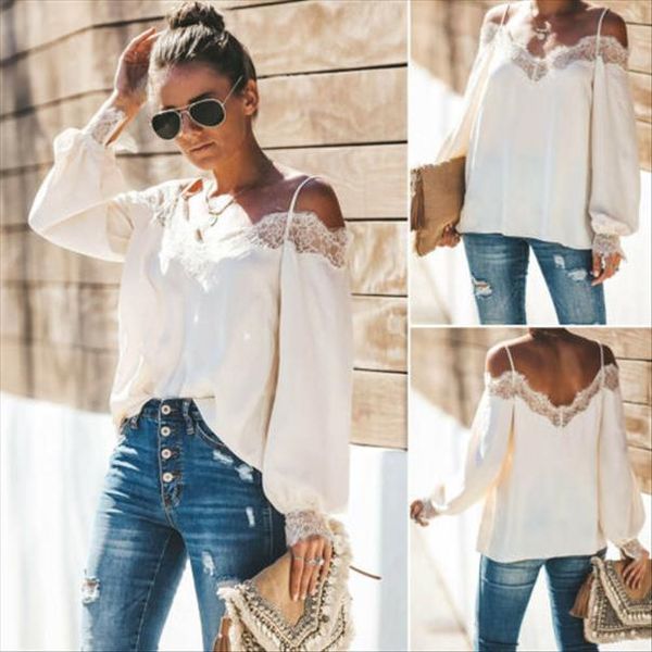 

2020 new hot summer моды последние женщин сексуальный с плеча с длинным рукавом кружева лоскутная полиэстер рубашка повседневная блузка топы, White
