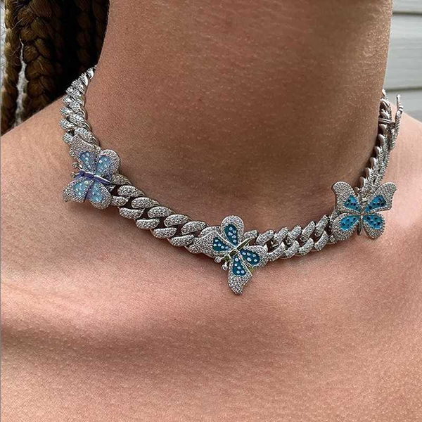 

12mm miami cuban link chain cz enamel butterfly necklace iced out zircon multicolor choker bling jewelry hiphop for women man, Silver