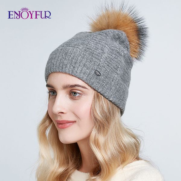 

enjoyfur winter women real fur pom pom hats wool knitted warm beanies 2020 new fashion ski caps, Blue;gray
