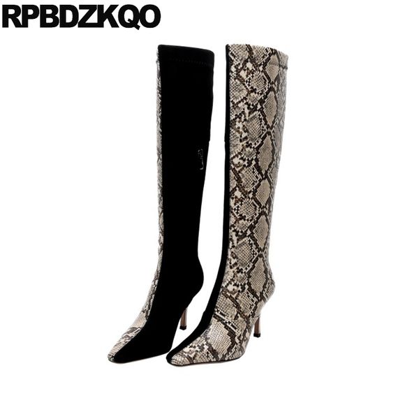 

sheepskin stiletto snake black long suede shoes luxury women boots winter 2020 size 34 knee high snakeskin fur heel square toe