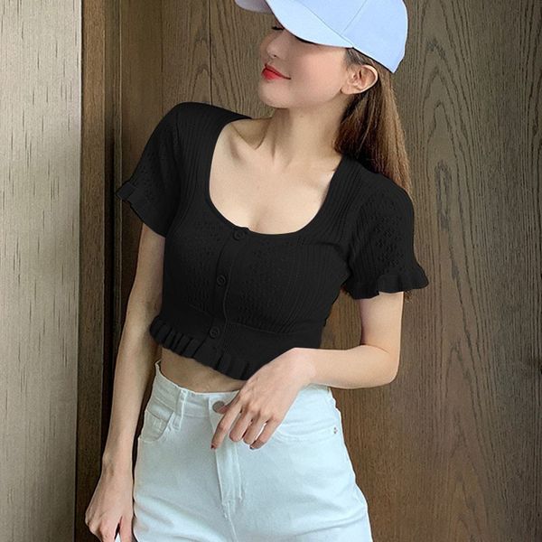 

summer women t-shirt korean solid color square collar female ruffles button slim wild short knit crop camisetas hot, White