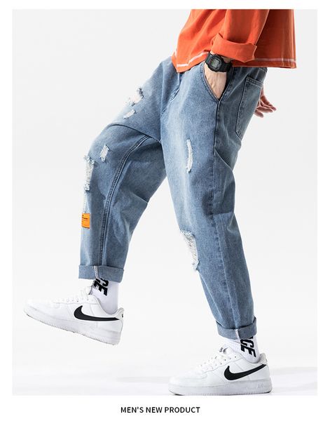 

urban men's wear | torn jeans men's 20 fall ins trendy baggy trousers all-purpose straight korean casual pants, Blue