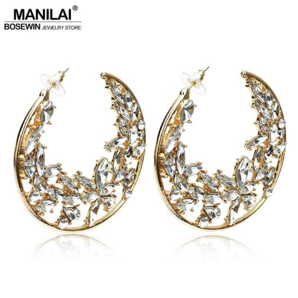 

manilai luxury big rhinestones hoop earrings for women wedding jewelry 60mm statement earings fashion jewelry round 3 color, Golden;silver