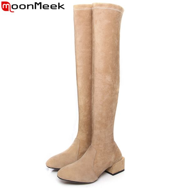 

moonmeek 2020 new over the knee boots square high heels shoes and thigh boots suede leather women big size 34-42, Black